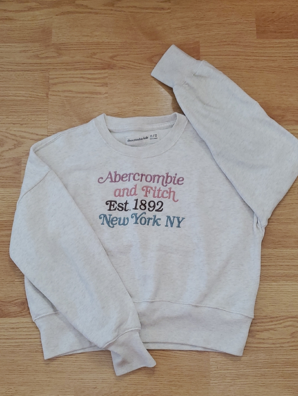 Abercrombie & Fitch Heather Gray Crewneck with Pink and Teal Logo